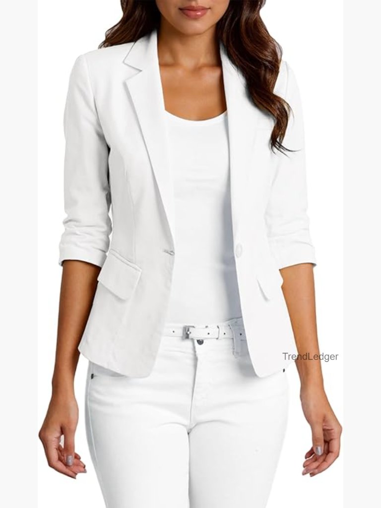 Women's Linen 3/4 Sleeve Blazer - Lightweight Fully-Lined Office Jacket With